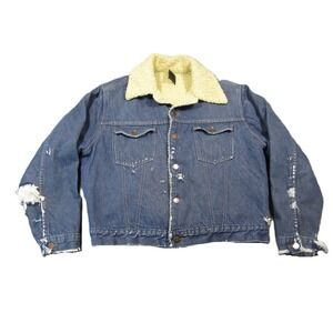 Vtg Sears Roebucks Denim Trucker Jacket L Blue‎ Distressed Sherpa Lined Grunge
